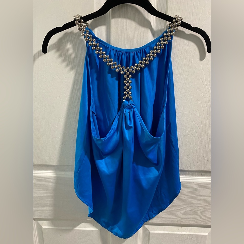 Love J Vibrant Aqua Blue Satin Halter Blouse. Size XL.